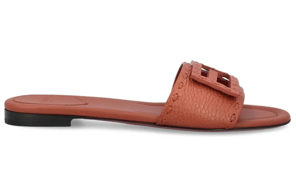 Fendi Baguette Sienna Brown Red Brick Leather FF Logo Mule Slide Flat Sandal 35